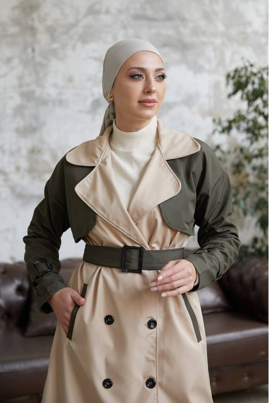 8858 - İki Renk Trençkot Haki̇-E3