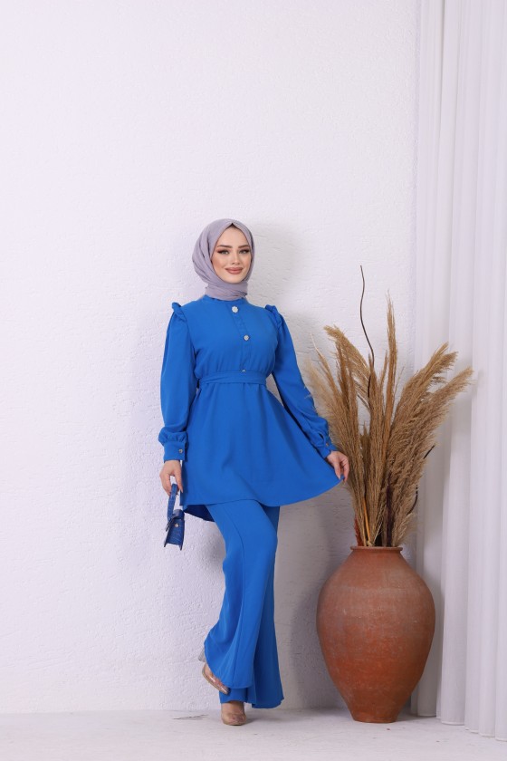 7628 - Taş Detaylı Tesettür Takım Mavi̇-B6