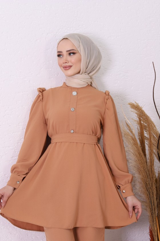 7628 - Taş Detaylı Tesettür Takım Taba-B6