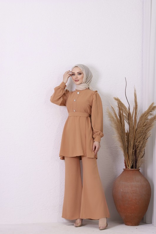 7628 - Taş Detaylı Tesettür Takım Taba-B6