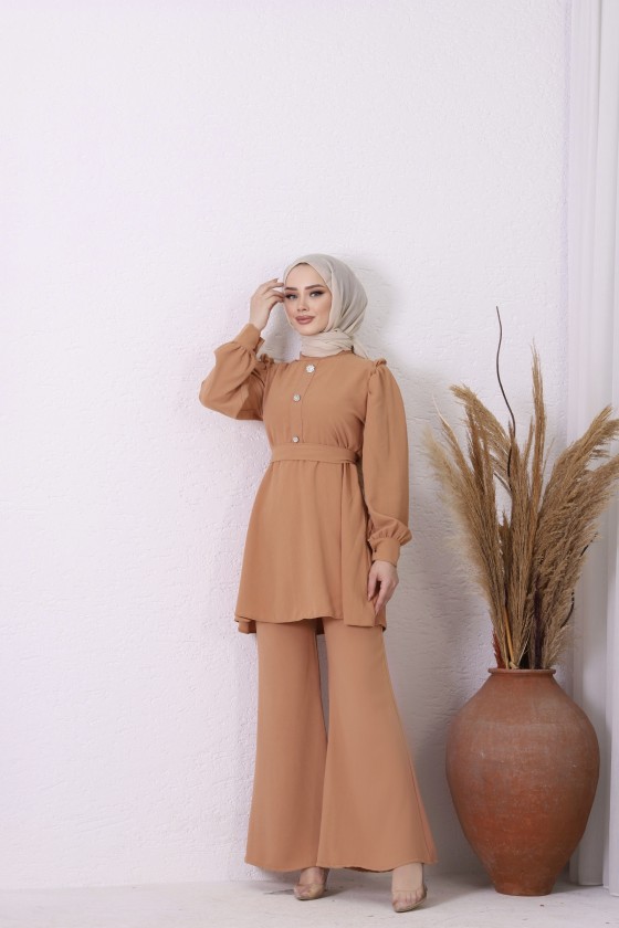 7628 - Taş Detaylı Tesettür Takım Taba-B6