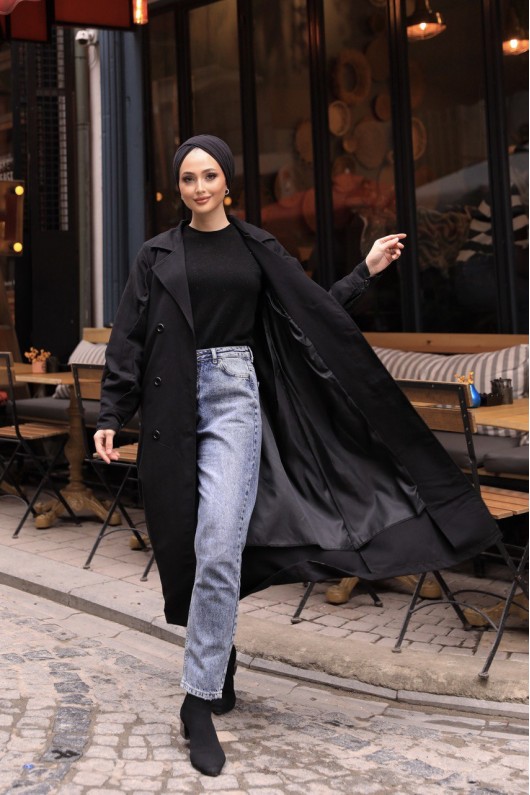 1995 - Tesettür Trençkot Si̇yah-F4
