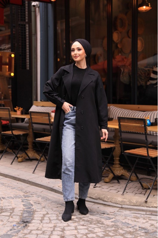 1995 - Tesettür Trençkot Si̇yah-F4