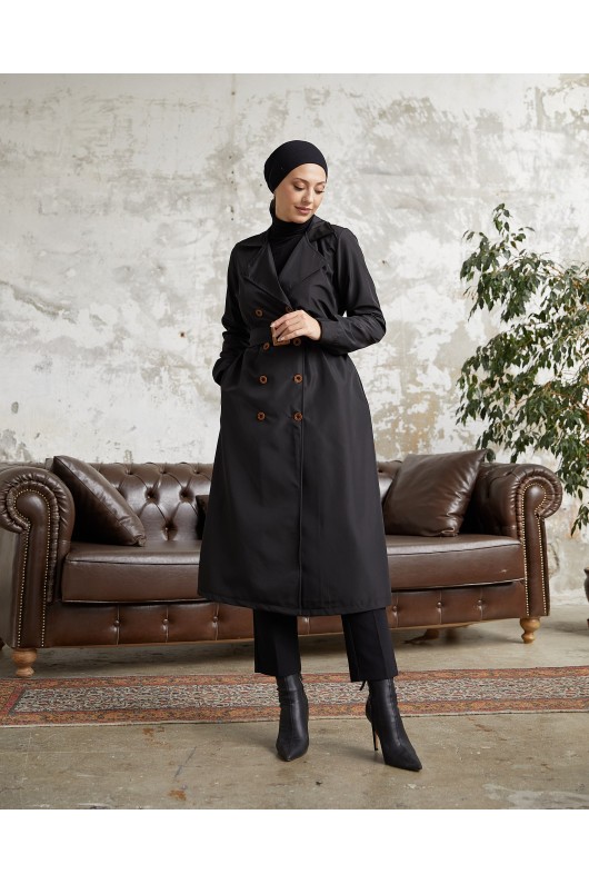 3000 - Tesettür Trençkot Si̇yah-F5