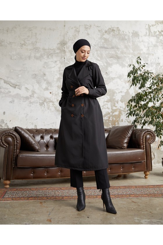 3000 - Tesettür Trençkot Si̇yah-F5
