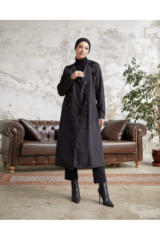 3000 - Tesettür Trençkot Si̇yah-F5