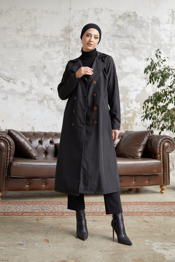 3000 - Tesettür Trençkot Si̇yah-F5 3000 - Tesettür Trençkot Si̇yah-F5