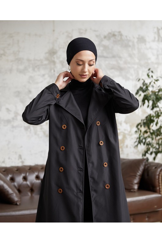 3000 - Tesettür Trençkot Si̇yah-F5