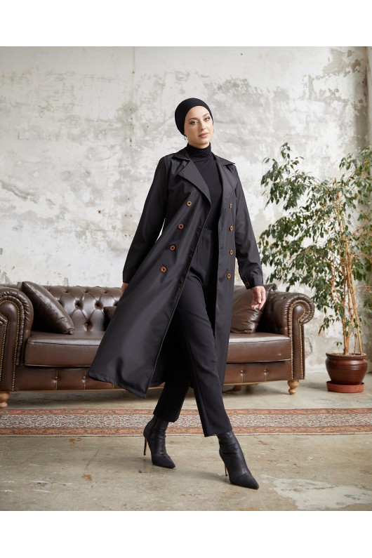 3000 - Tesettür Trençkot Si̇yah-F5