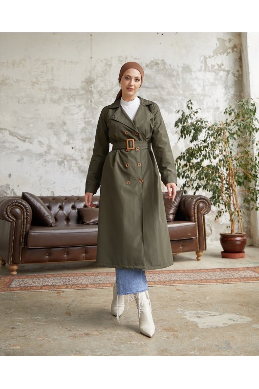 3000 - Tesettür Trençkot Haki̇-F5