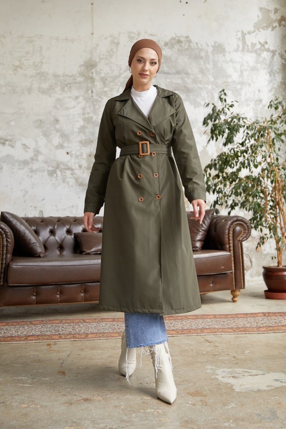 3000 - Tesettür Trençkot Haki̇-F5