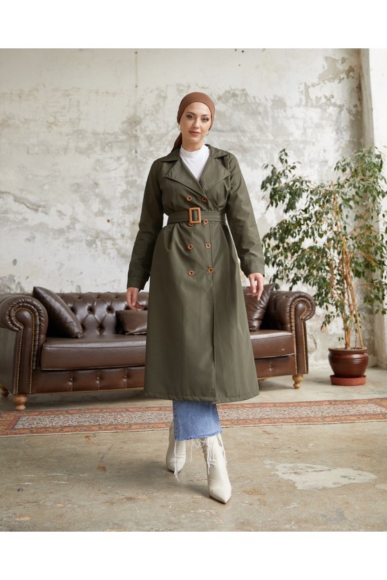 3000 - Tesettür Trençkot Haki̇-F5