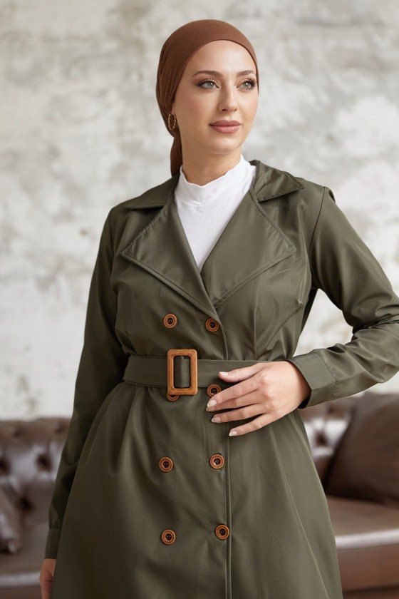 3000 - Tesettür Trençkot Haki̇-F5 3000 - Tesettür Trençkot Haki̇-F5