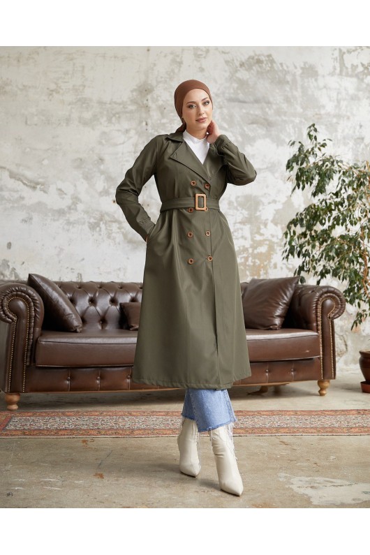 3000 - Tesettür Trençkot Haki̇-F5