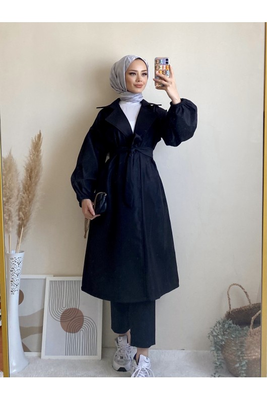 3017 - Tesettür Trençkot Si̇yah-G6