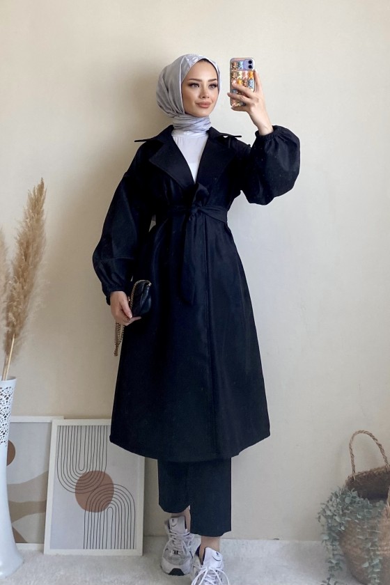 3017 - Tesettür Trençkot Si̇yah-G6