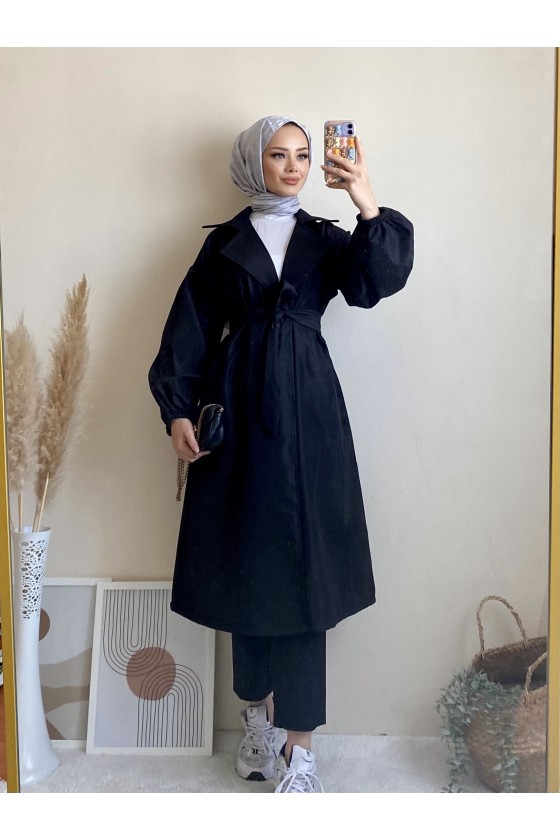 3017 - Tesettür Trençkot Si̇yah-G6