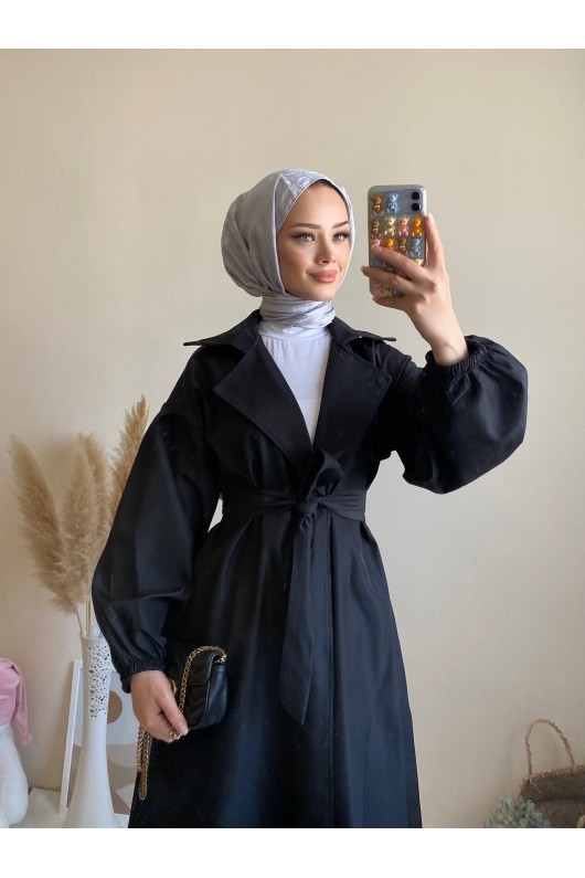 3017 - Tesettür Trençkot Si̇yah-G6