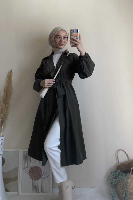 3017 - Tesettür Trençkot Haki̇-G6