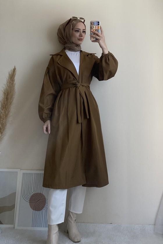 3017 - Tesettür Trençkot Kahverengi̇-G6