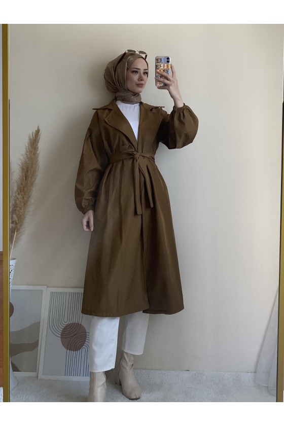 3017 - Tesettür Trençkot Kahverengi̇-G6