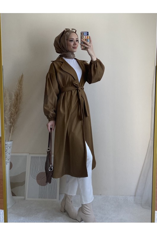 3017 - Tesettür Trençkot Kahverengi̇-G6 3017 - Tesettür Trençkot Kahverengi̇-G6