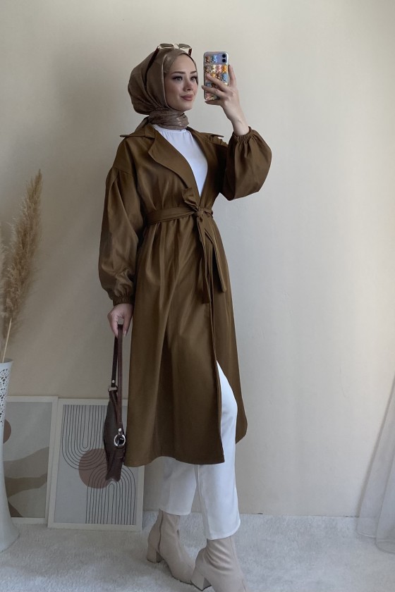 3017 - Tesettür Trençkot Kahverengi̇-G6