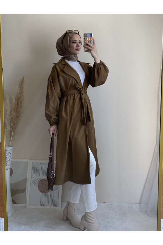 3017 - Tesettür Trençkot Kahverengi̇-G6 3017 - Tesettür Trençkot Kahverengi̇-G6