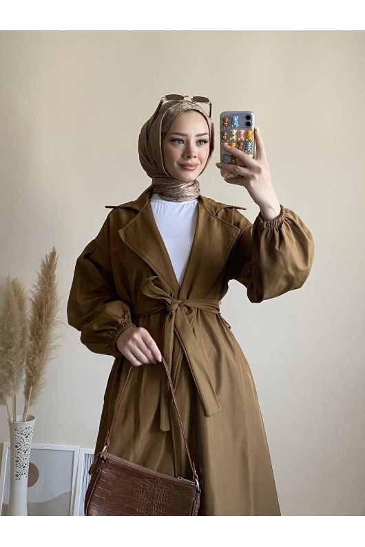 3017 - Tesettür Trençkot Kahverengi̇-G6 3017 - Tesettür Trençkot Kahverengi̇-G6