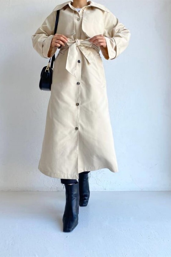 4403 - Çıt Çıt Detaylı Tesettür Trençkot Bej-F2