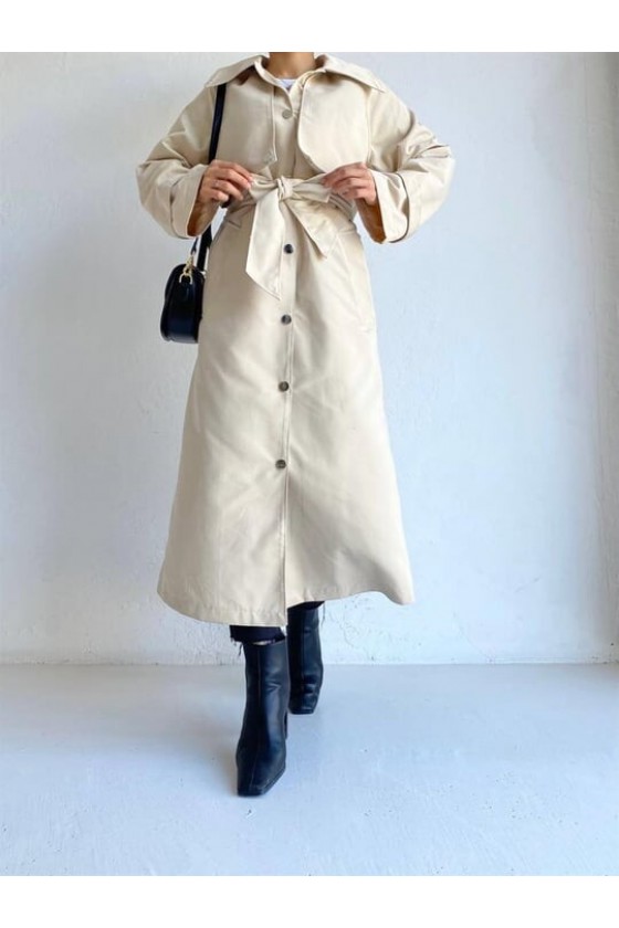 4403 - Çıt Çıt Detaylı Tesettür Trençkot Bej-F2