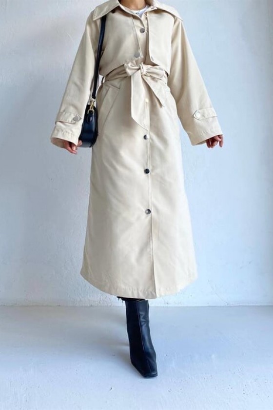 4403 - Çıt Çıt Detaylı Tesettür Trençkot Bej-F2