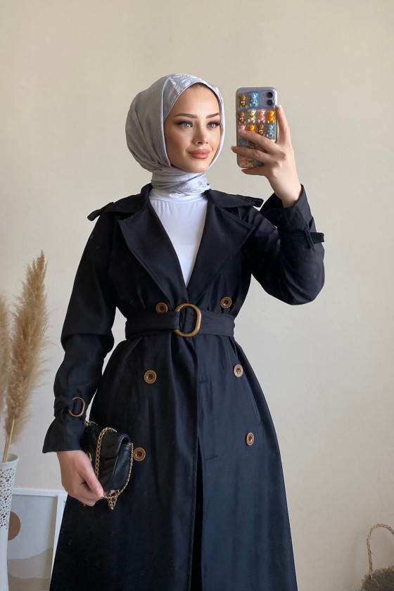 5009 - Mevsimlik Tesettür Trençkot Si̇yah-G1