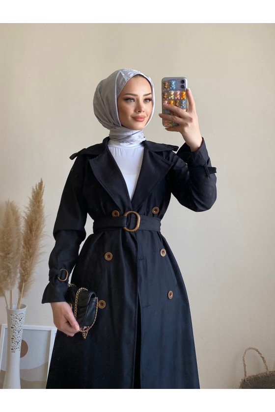 5009 - Mevsimlik Tesettür Trençkot Si̇yah-G1