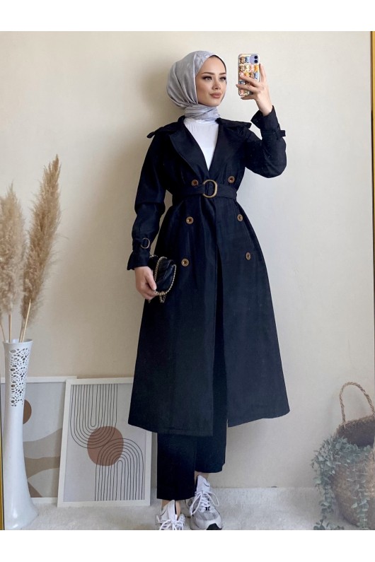 5009 - Mevsimlik Tesettür Trençkot Si̇yah-G1 5009 - Mevsimlik Tesettür Trençkot Si̇yah-G1