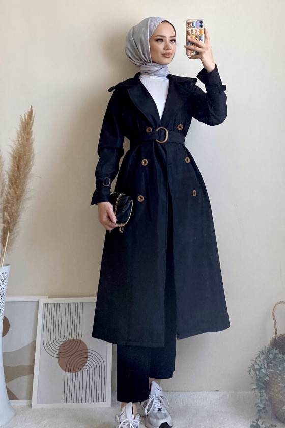 5009 - Mevsimlik Tesettür Trençkot Si̇yah-G1