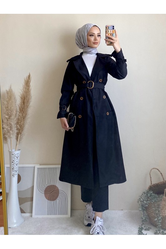 5009 - Mevsimlik Tesettür Trençkot Si̇yah-G1 5009 - Mevsimlik Tesettür Trençkot Si̇yah-G1