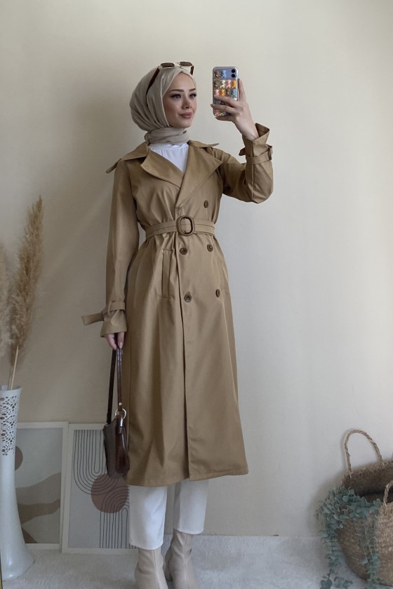 5009 - Mevsimlik Tesettür Trençkot Camel-G1