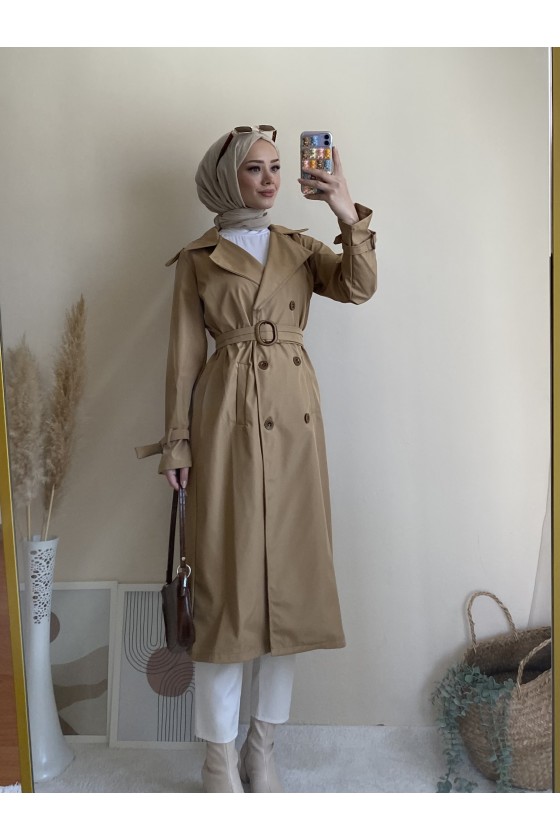 5009 - Mevsimlik Tesettür Trençkot Camel-G1