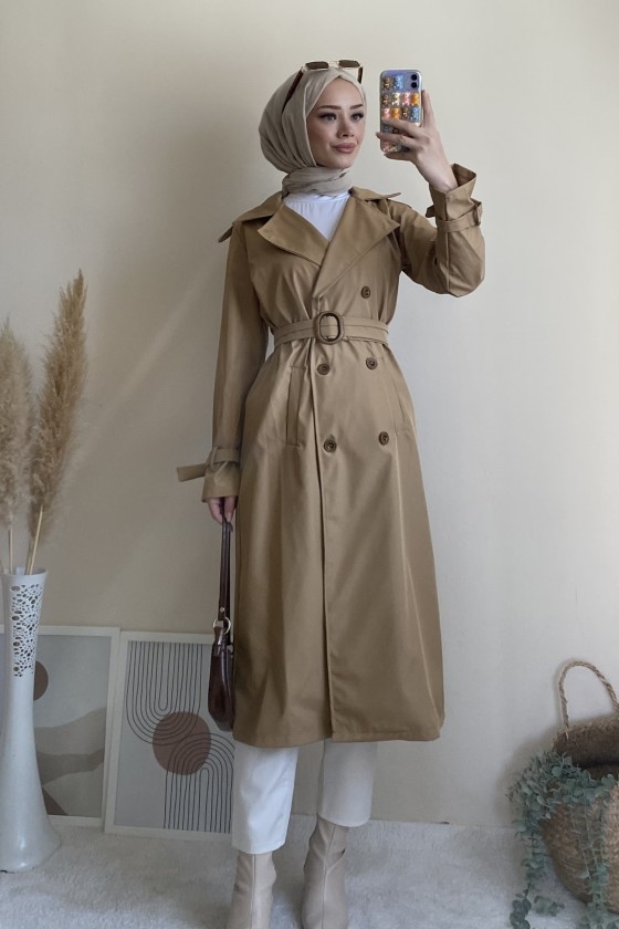 5009 - Mevsimlik Tesettür Trençkot Camel-G1