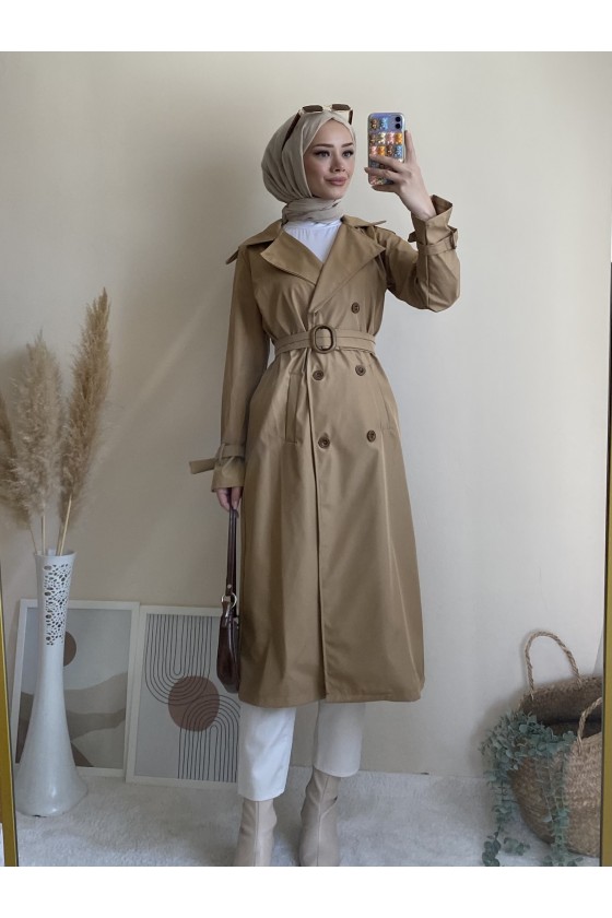 5009 - Mevsimlik Tesettür Trençkot Camel-G1