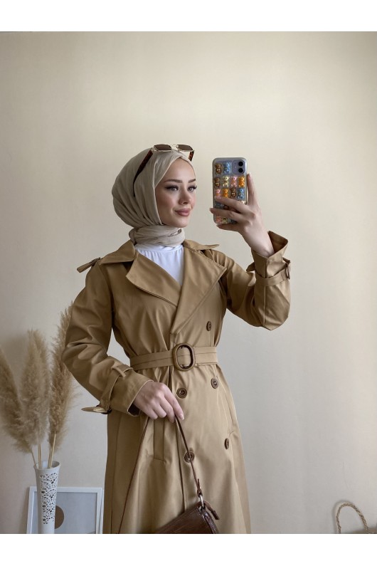 5009 - Mevsimlik Tesettür Trençkot Camel-G1