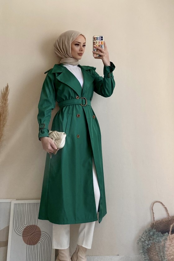 5009 - Mevsimlik Tesettür Trençkot Yeşi̇l-G1
