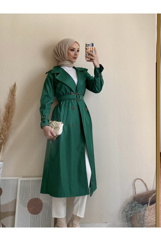 5009 - Mevsimlik Tesettür Trençkot Yeşi̇l-G1