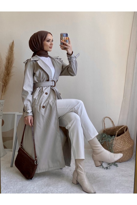 5009 - Mevsimlik Tesettür Trençkot Taş-G1