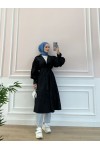 5102 - Balon Kol Tesettür Trençkot Si̇yah-D3