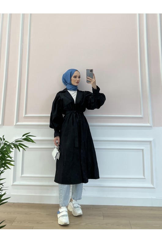 5102 - Balon Kol Tesettür Trençkot Si̇yah-D3