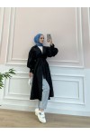 5102 - Balon Kol Tesettür Trençkot Si̇yah-D3