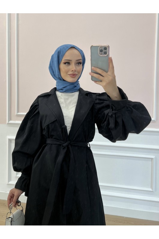 5102 - Balon Kol Tesettür Trençkot Si̇yah-D3