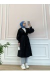 5102 - Balon Kol Tesettür Trençkot Si̇yah-D3